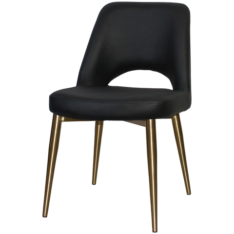 Mulberry Side Chair Brass Metal 4 Leg With Black Vinyl Shell, Viewed From Angle In Front