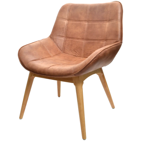 Neo Occasional Armchair Upholstered In Eastwood Tan With Natural Timber 4 Leg Base, Viewed From Angle In Front