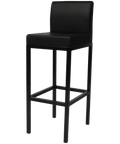 Quentin Bar Stool With Backrest With Black Frame And Black Vinyl Upholstery, Viewed From Angle In Front