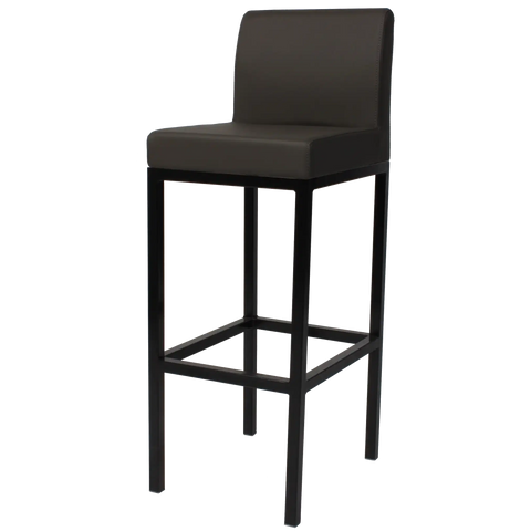 Quentin Bar Stool With Backrest With Black Frame And Charcoal Vinyl Upholstery, Viewed From Angle In Front