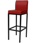 Quentin Bar Stool With Backrest With Black Frame And Red Vinyl Upholstery, Viewed From Angle In Front