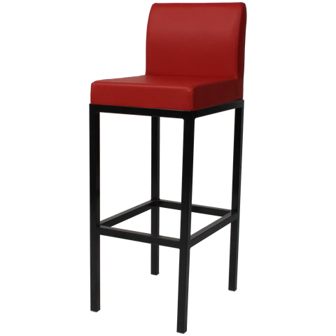 Quentin Bar Stool With Backrest With Black Frame And Red Vinyl Upholstery, Viewed From Angle In Front