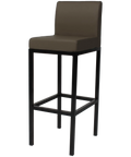 Quentin Bar Stool With Backrest With Black Frame And Taupe Vinyl Upholstery, Viewed From Angle In Front
