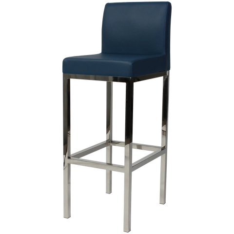 Quentin Bar Stool With Backrest With Stainless Steel Frame And Blue Vinyl Upholstery, Viewed From Angle In Front