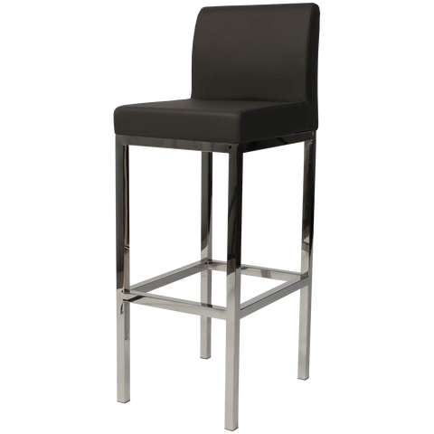 Quentin Bar Stool With Backrest With Stainless Steel Frame And Charcoal Vinyl Upholstery, Viewed From Angle In Front