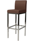 Quentin Bar Stool With Backrest With Stainless Steel Frame And Taupe Vinyl Upholstery, Viewed From Angle In Front