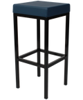 Quentin Bar Stool With Black Frame And Blue Vinyl Upholstery, Viewed From Angle In Front