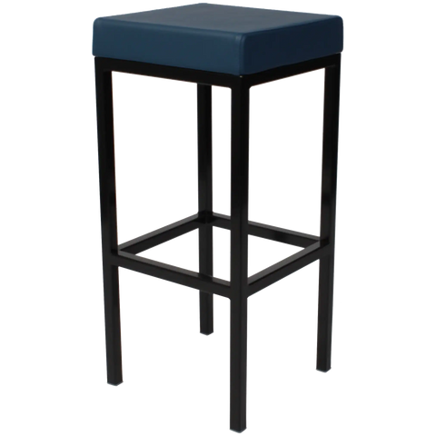 Quentin Bar Stool With Black Frame And Blue Vinyl Upholstery, Viewed From Angle In Front