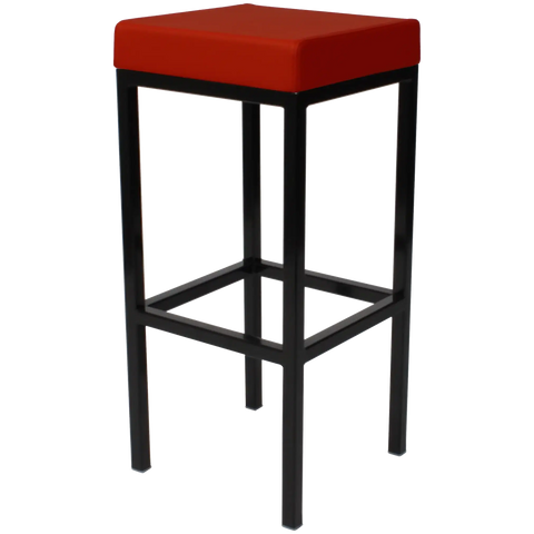 Quentin Bar Stool With Black Frame And Red Vinyl Upholstery, Viewed From Angle In Front