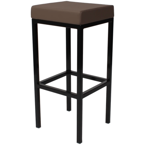 Quentin Bar Stool With Black Frame And Taupe Vinyl Upholstery, Viewed From Angle In Front