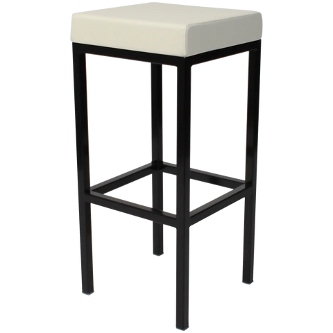 Quentin Bar Stool With Black Frame And White Vinyl Upholstery, Viewed From Angle In Front