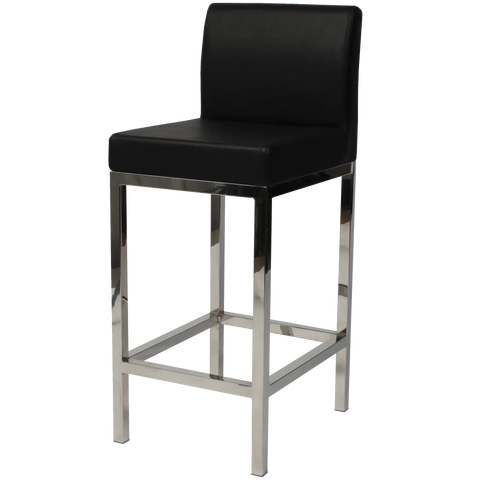 Quentin Counter Stool With Backrest With Stainless Steel Frame And Black Vinyl Upholstery, Viewed From Angle In Front