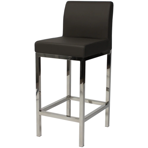 Quentin Counter Stool With Backrest With Stainless Steel Frame And Charcoal Vinyl Upholstery, Viewed From Angle In Front