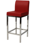 Quentin Counter Stool With Backrest With Stainless Steel Frame And Red Vinyl Upholstery, Viewed From Angle In Front