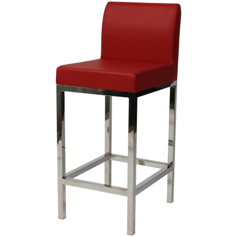 Quentin Counter Stool With Backrest With Stainless Steel Frame And Red Vinyl Upholstery, Viewed From Angle In Front