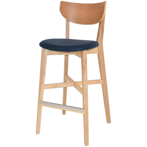 Romano Bar Stool Custom Upholstered Seat With Natural Timber Frame, Viewed From Angle In Front