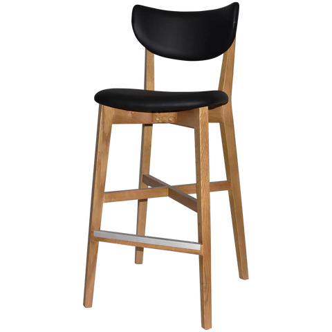 Romano Bar Stool With Black Vinyl Upholstered Backrest And Seat With Light Oak Timber Frame, Viewed From Angle In Front