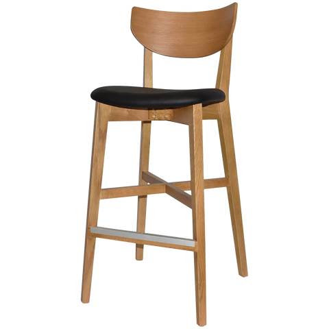 Romano Bar Stool With Black Vinyl Upholstered Seat With Light Oak Timber Frame, Viewed From Angle In Front