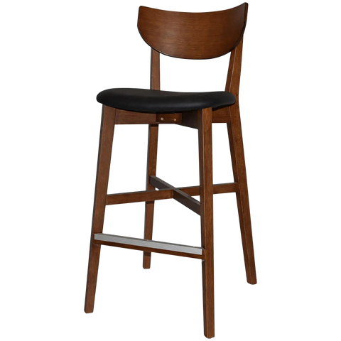 Romano Bar Stool With Black Vinyl Upholstered Seat With Light Walnut Timber Frame, Viewed From Angle In Front