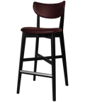 Romano Bar Stool With Custom Upholstered Backrest And Seat With Black Timber Frame, Viewed From Angle In Front