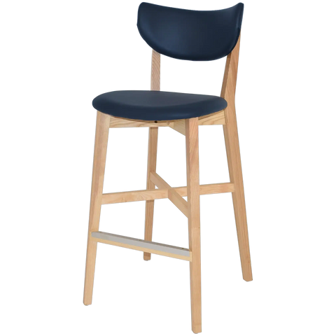 Romano Bar Stool With Custom Upholstered Backrest And Seat With Natural Timber Frame, Viewed From Angle In Front