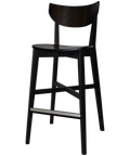 Romano Bar Stool With Veneer Seat With Black Timber Frame, Viewed From Angle In Front
