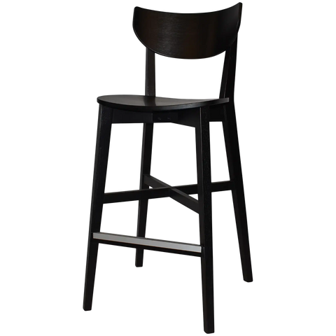 Romano Bar Stool With Veneer Seat With Black Timber Frame, Viewed From Angle In Front