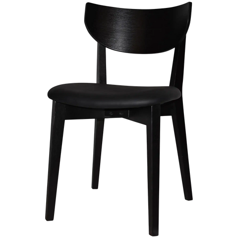 Romano Chair With Black Vinyl Upholstered Seat With Black Timber Frame, Viewed From Angle In Front