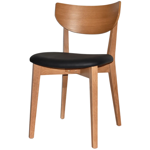 Romano Chair With Black Vinyl Upholstered Seat With Light Oak Timber Frame, Viewed From Angle In Front