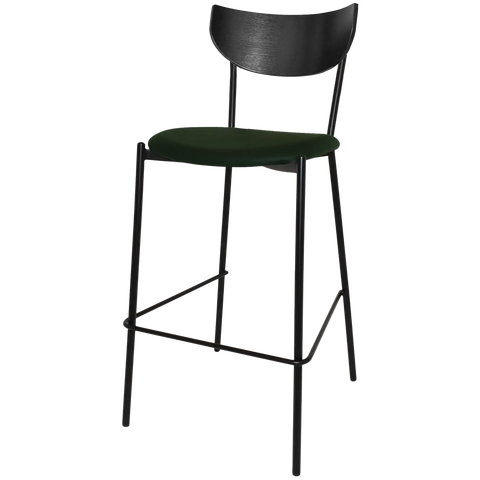 Ronaldo Bar Stool With Black Backrest Custom Upholstery Seat And Black 4 Leg Frame, Viewed From Front Angle