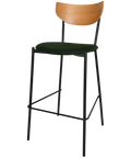 Ronaldo Bar Stool With Light Oak Backrest Custom Upholstery Seat And Black 4 Leg Frame, Viewed From Front Angle