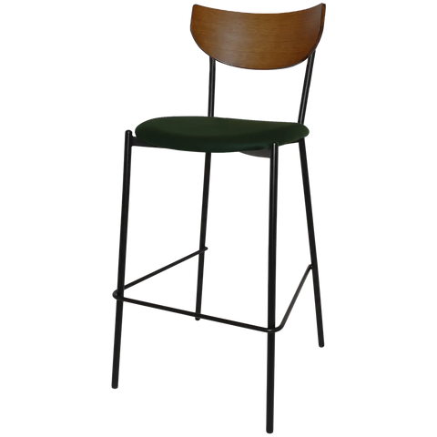 Ronaldo Bar Stool With Light Walnut Backrest Custom Upholstery Seat And Black 4 Leg Frame, Viewed From Front Angle