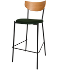 Ronaldo Bar Stool With Natural Backrest Custom Upholstery Seat And Black 4 Leg Frame, Viewed From Front Angle