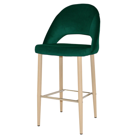 Saffron Bar Stool Birch Metal 4 Leg With Custom Upholstered Shell, Viewed From Angle In Front