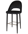 Saffron Bar Stool Black Metal 4 Leg With Regis Charcoal Shell, Viewed From Angle In Front
