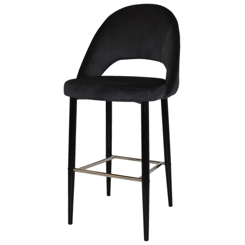 Saffron Bar Stool Black Metal 4 Leg With Regis Charcoal Shell, Viewed From Angle In Front