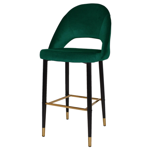 Saffron Bar Stool Black With Brass Tip Metal 4 Leg With Custom Upholstered Shell, Viewed From Angle In Front