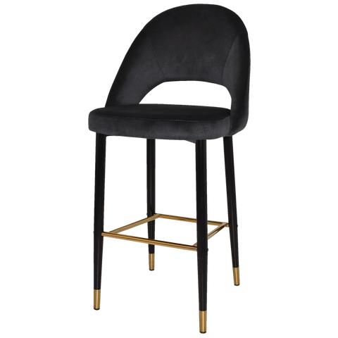 Saffron Bar Stool Black With Brass Tip Metal 4 Leg With Regis Charcoal Shell, Viewed From Angle In Front