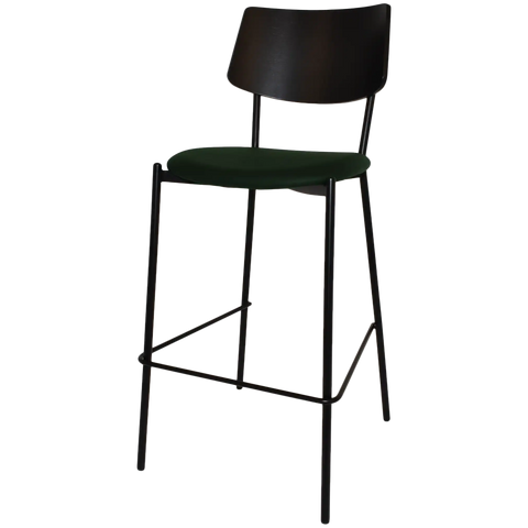 Venice Bar Stool With Black Backrest Custom Upholstery Seat And Black 4 Leg Frame, Viewed From Front Angle