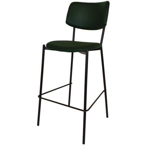 Venice Bar Stool With Custom Upholstery Backrest And Seat And Black 4 Leg Frame, Viewed From Front Angle