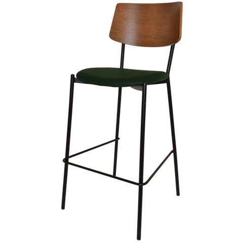 Venice Bar Stool With Light Walnut Backrest Custom Upholstery Seat And Black 4 Leg Frame, Viewed From Angle In Front