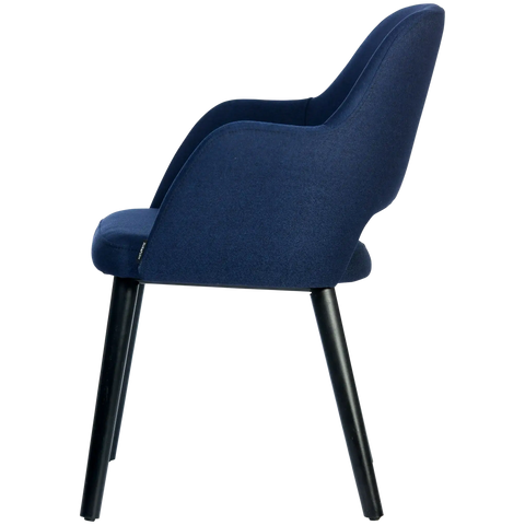Alfi Armchair With Navy Woven Shell And Black Timber Legs, Viewed From Side