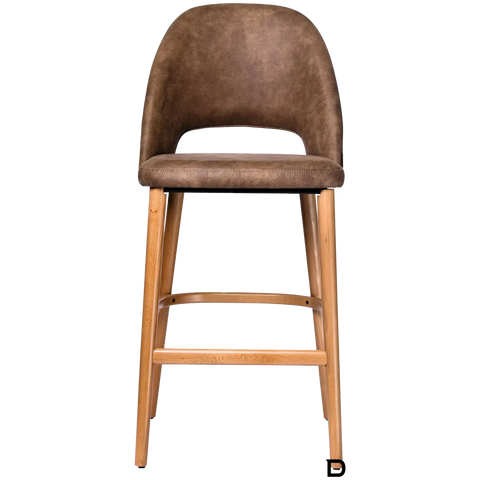 Alfi Bar Stool With Vintage Tan Vinyl Shell And Trojan Oak Timber Legs, Viewed From Front Angle