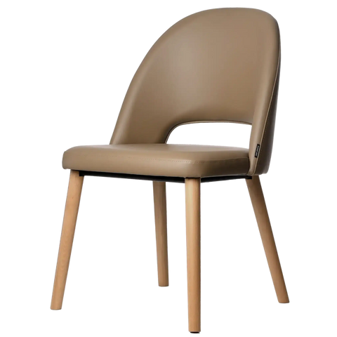 Alfi Chair Taupe Vinyl Shell And Trojan Oak Timber Legs, Viewed From Angle In Front