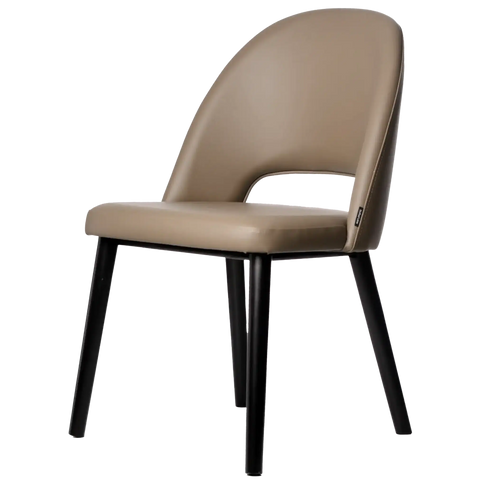 Alfi Chair With Taupe Vinyl Shell And Black Timber Legs, Viewed From Angle In Front