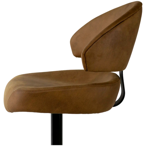 Canberra Gaming Stool With Warwick Eastwood Tan Seat And Back And Black Base, Viewed From Front Side Close Up