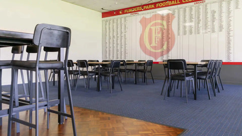 Caprice Black Bar Stools And Black Side Chairs Henley Table Base And Melamine Table Tops At Flinders Park Football Club