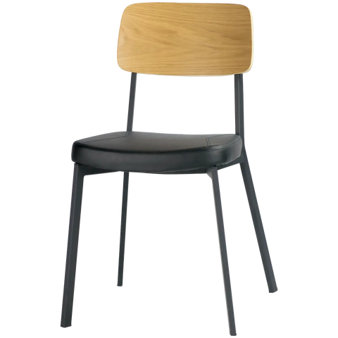 Caprice Restaurant Chair Natural Veneer Backrest Black Vinyl Seat Black Frame Angle From Front