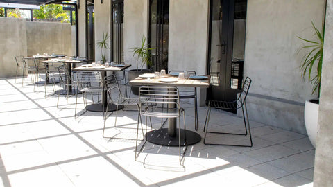 Carlton Round Table Base With Custom Melamine Table Tops At Coccobello Outside Dining