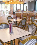 Carlton Round Table Base With Compact Laminate Table Tops And Jasmine Side Chairs At Moseley Bar Kitchen